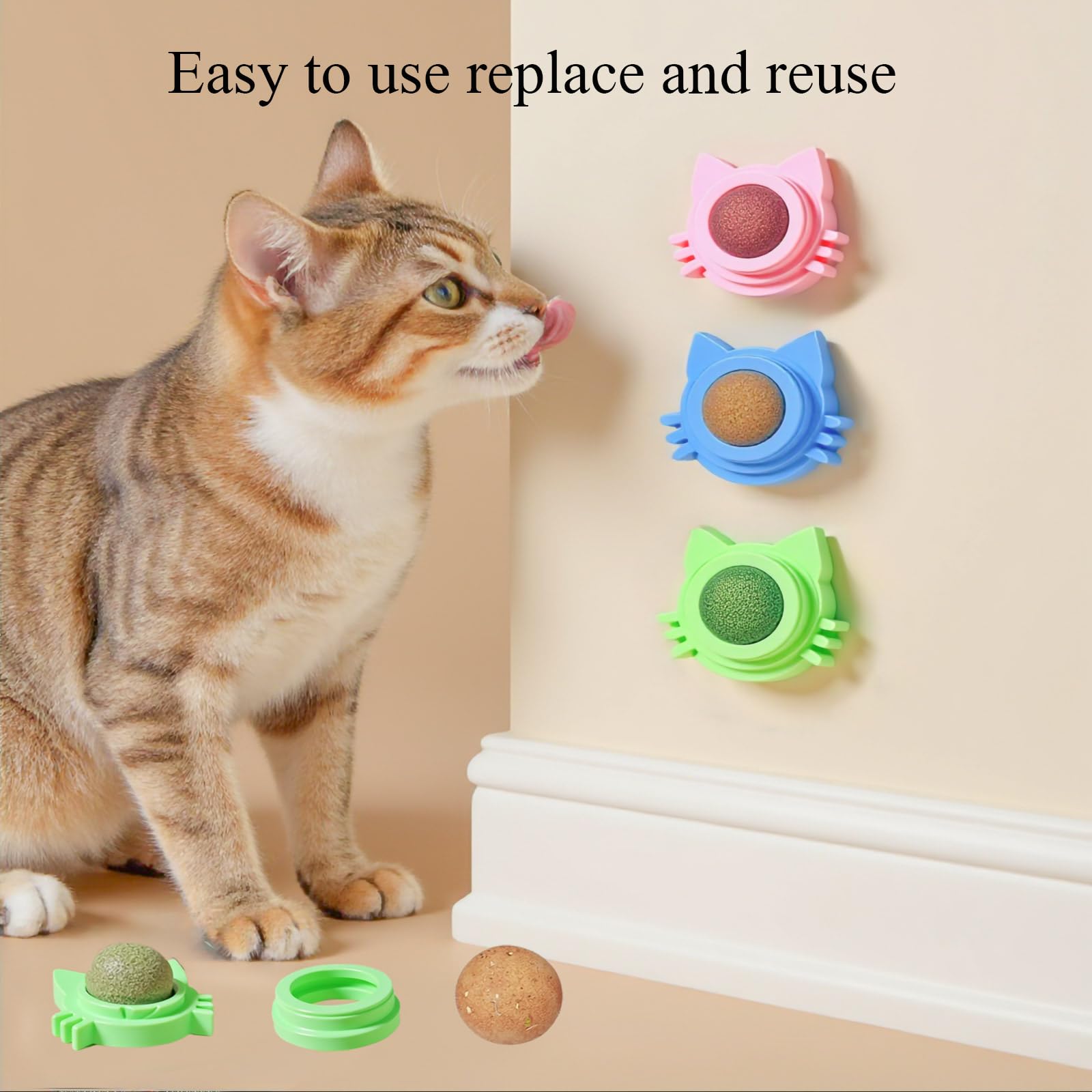 GREMBEB 3-flavors catball toy showcases catnip, silvervine, and gall fruit for curious play and dental interest.
