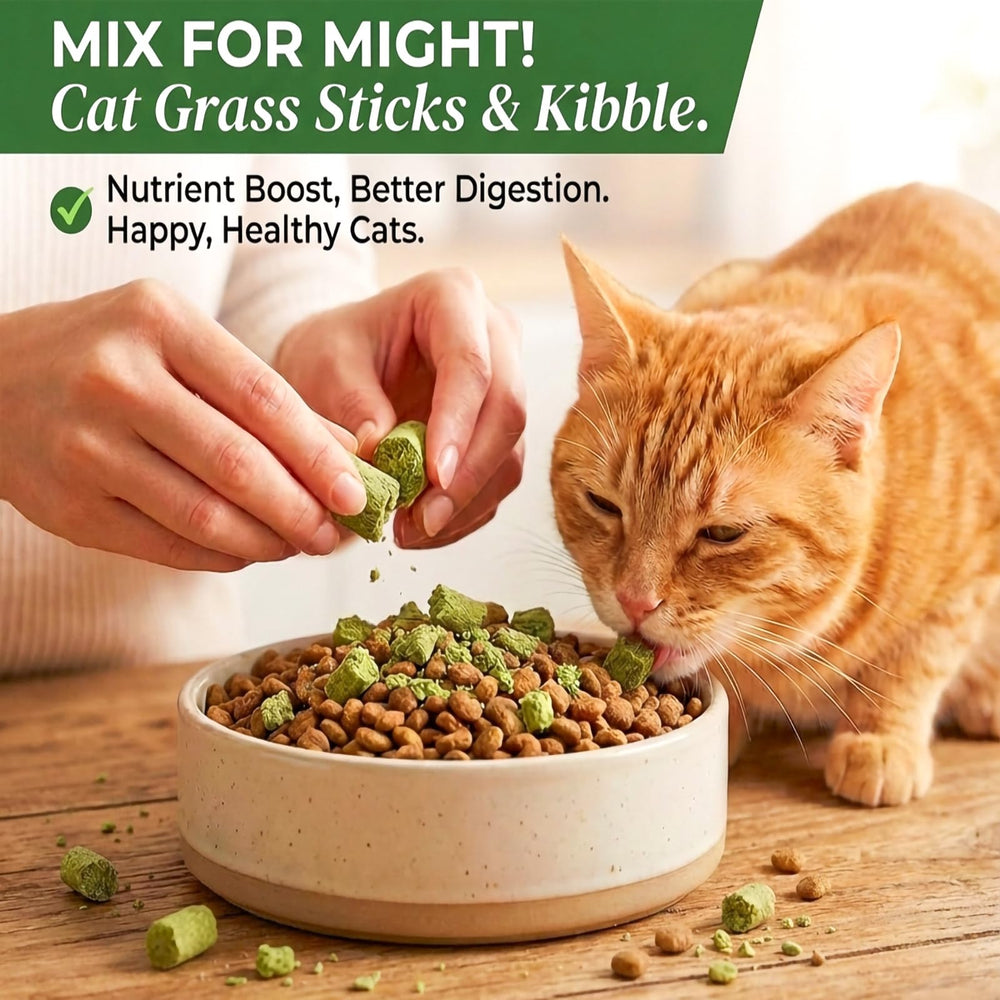 GREMBEB cat grass sticks close-up highlighting natural cat grass for teething and dental-friendly play.