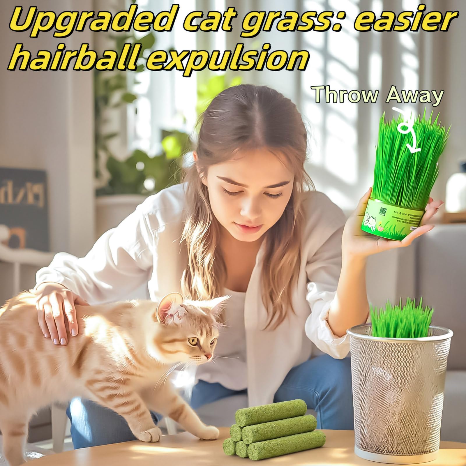 GREMBEB hairball-removal cat grass stick displayed as a grooming-friendly treat.