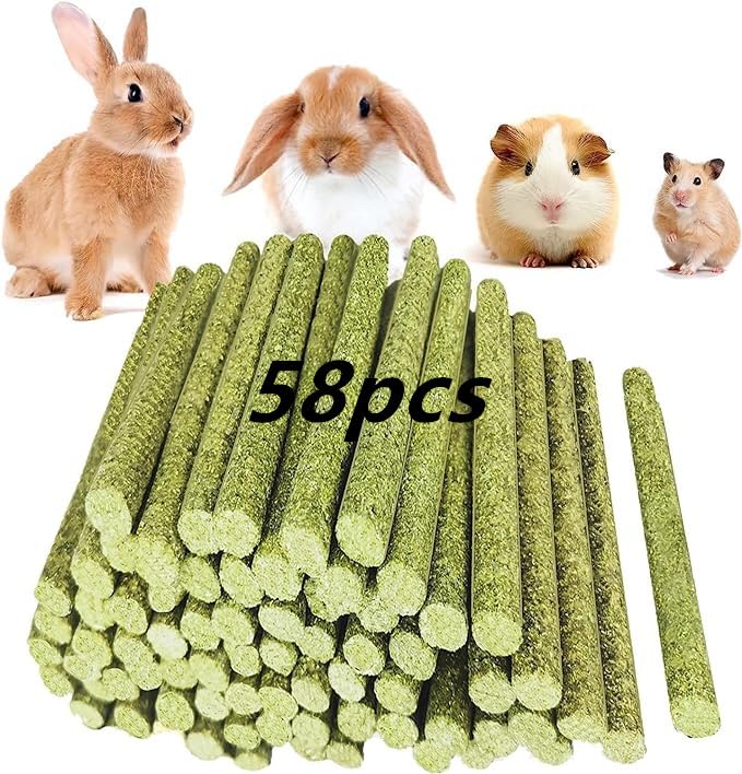 GREMBEB rabbit toy packaging showcasing 58-piece Timothy hay set for small pet enrichment.