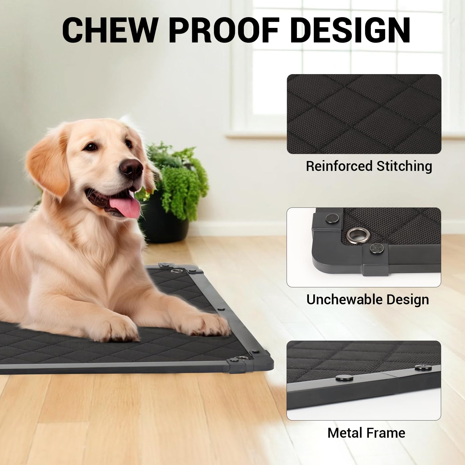 GRENTY indestructible materials close-up highlights chew resistance and crate safety.