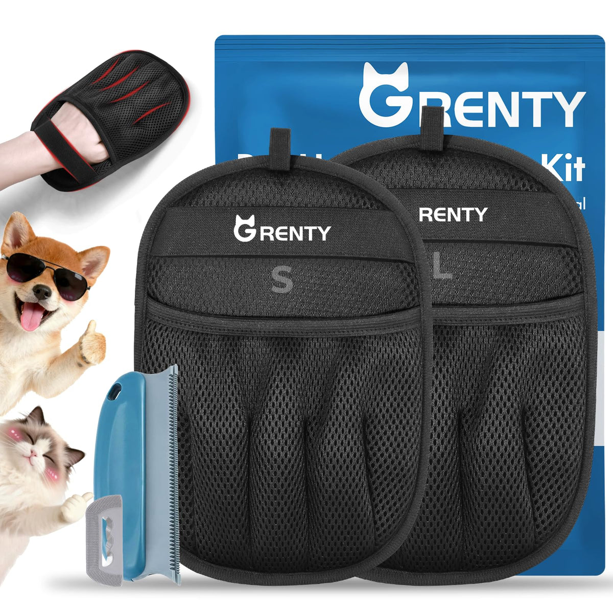 GRENTY pet hair removal glove two-pcs on hand for quick fur pickup.