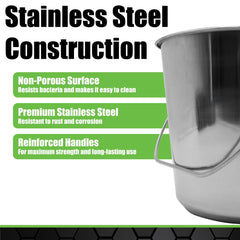 Grip stainless steel bucket hanging on fence shows easy outdoor access for chores.