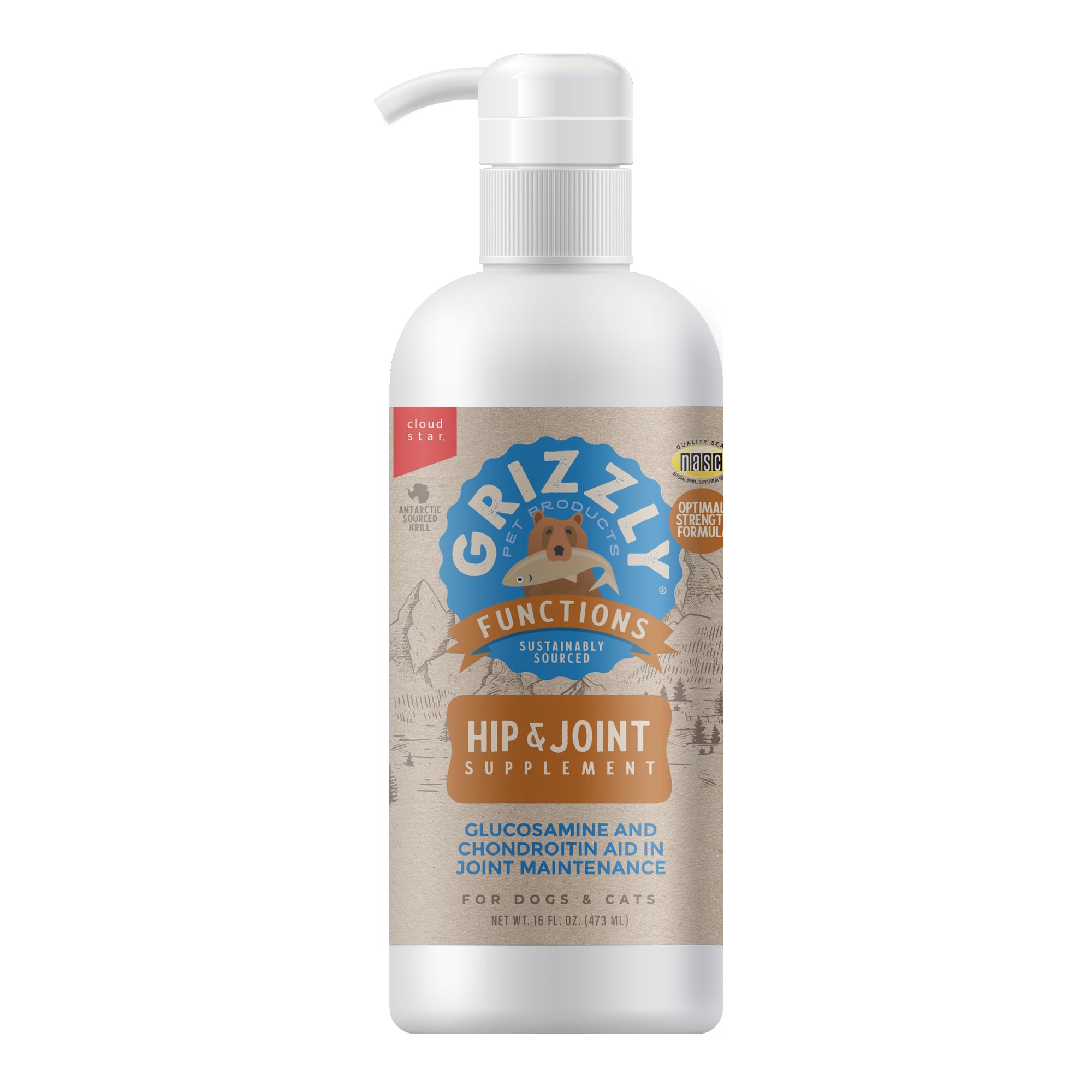 Grizzly Joint Aid Liquid dog bottle front shows joint-support formula for pets.