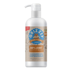 Grizzly Joint Aid Liquid pump dispense demonstrates easy dosing for dogs and cats.