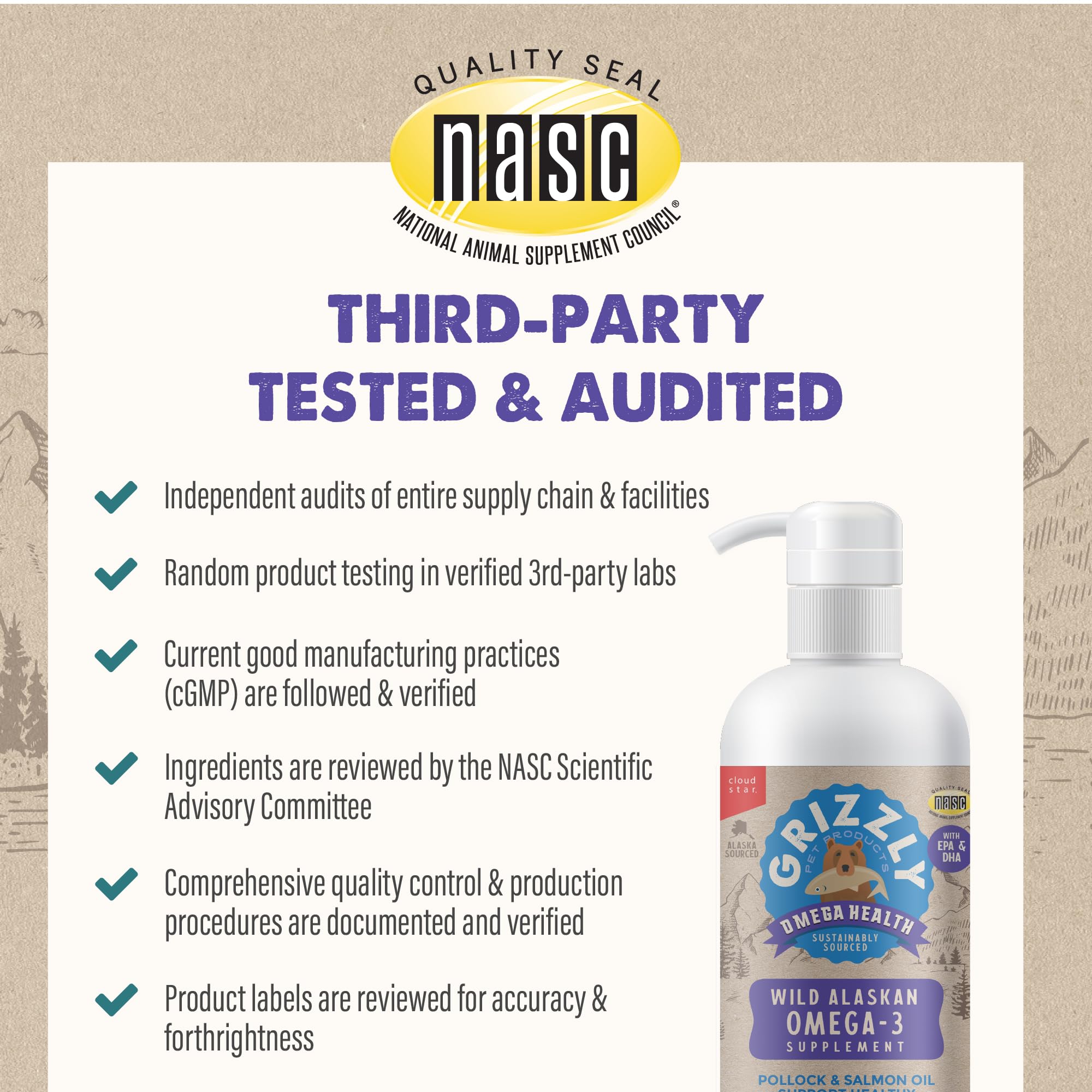 Grizzly Omega Health Liquid promotes long-term wellness with essential fatty acids.