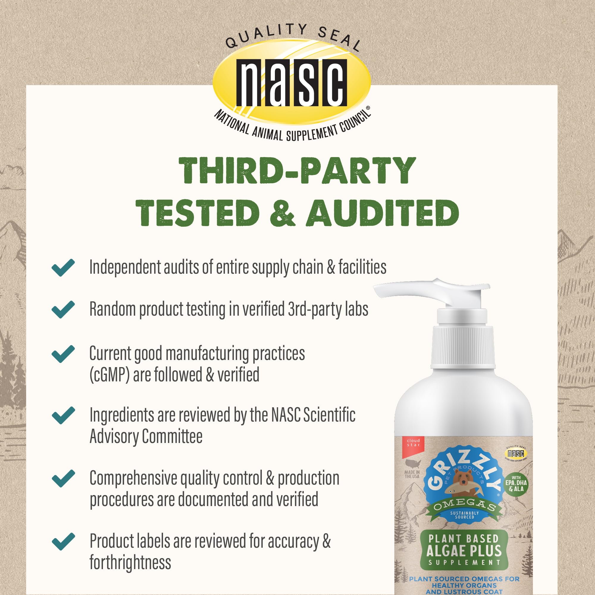 Grizzly Pet Algal Plus label-no-fish-smell note communicates odor-free experience.
