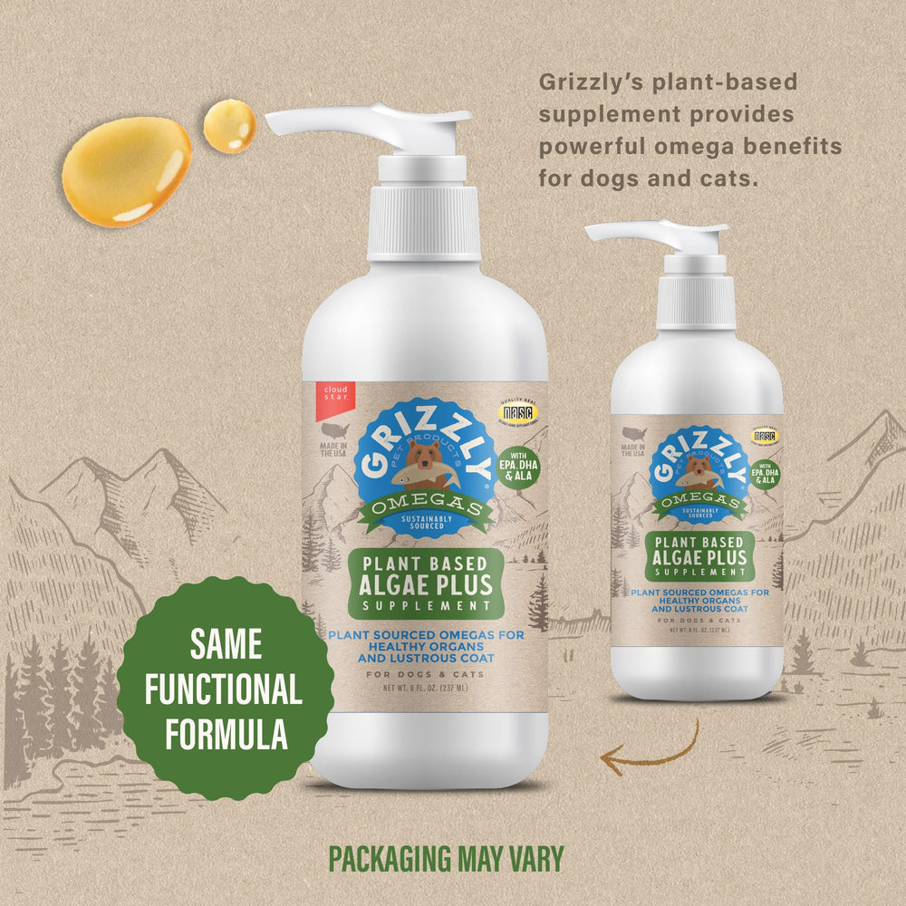 Grizzly Pet Algal Plus label – microalgae-derived omega-3-6-9 details for pet wellness.
