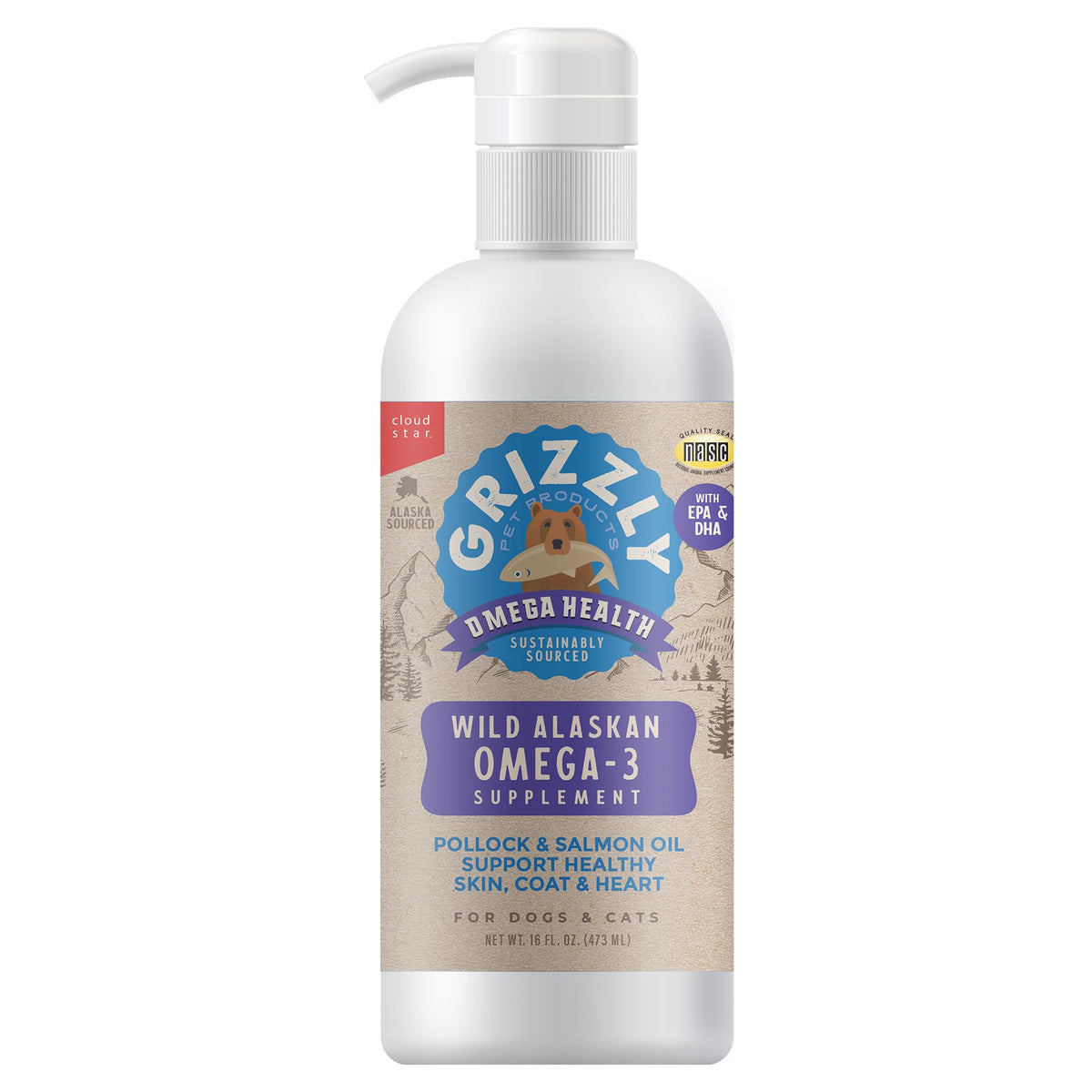 Grizzly Pet Products Omega Health bottle shows wild-sourced omega-3 for pets' daily care.