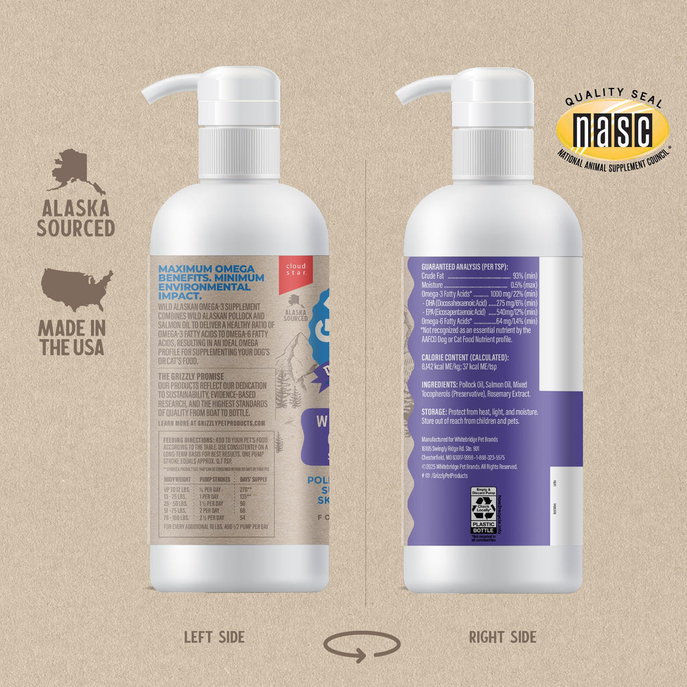 Grizzly Pet Products Omega Health label closeup highlights wild Alaskan salmon sourcing.