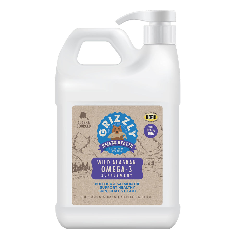 Grizzly Omega Health Liquid bottle front for dogs and cats, skin and coat support.