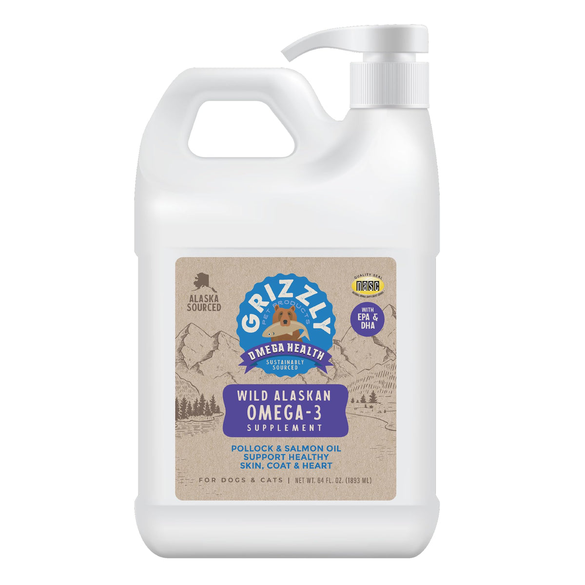 Grizzly Omega Health Liquid bottle front for dogs and cats, skin and coat support.