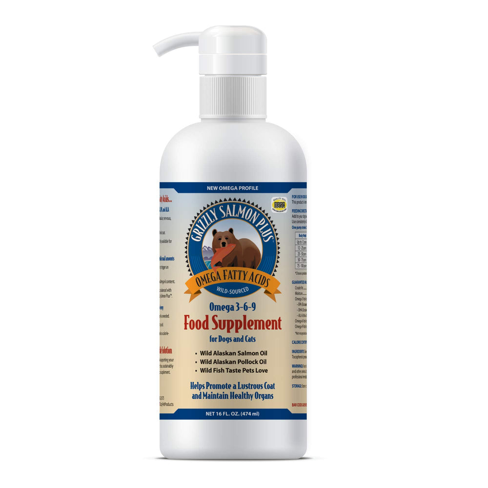 Grizzly Salmon Plus bottle front view shows all-natural salmon oil for pets' health.