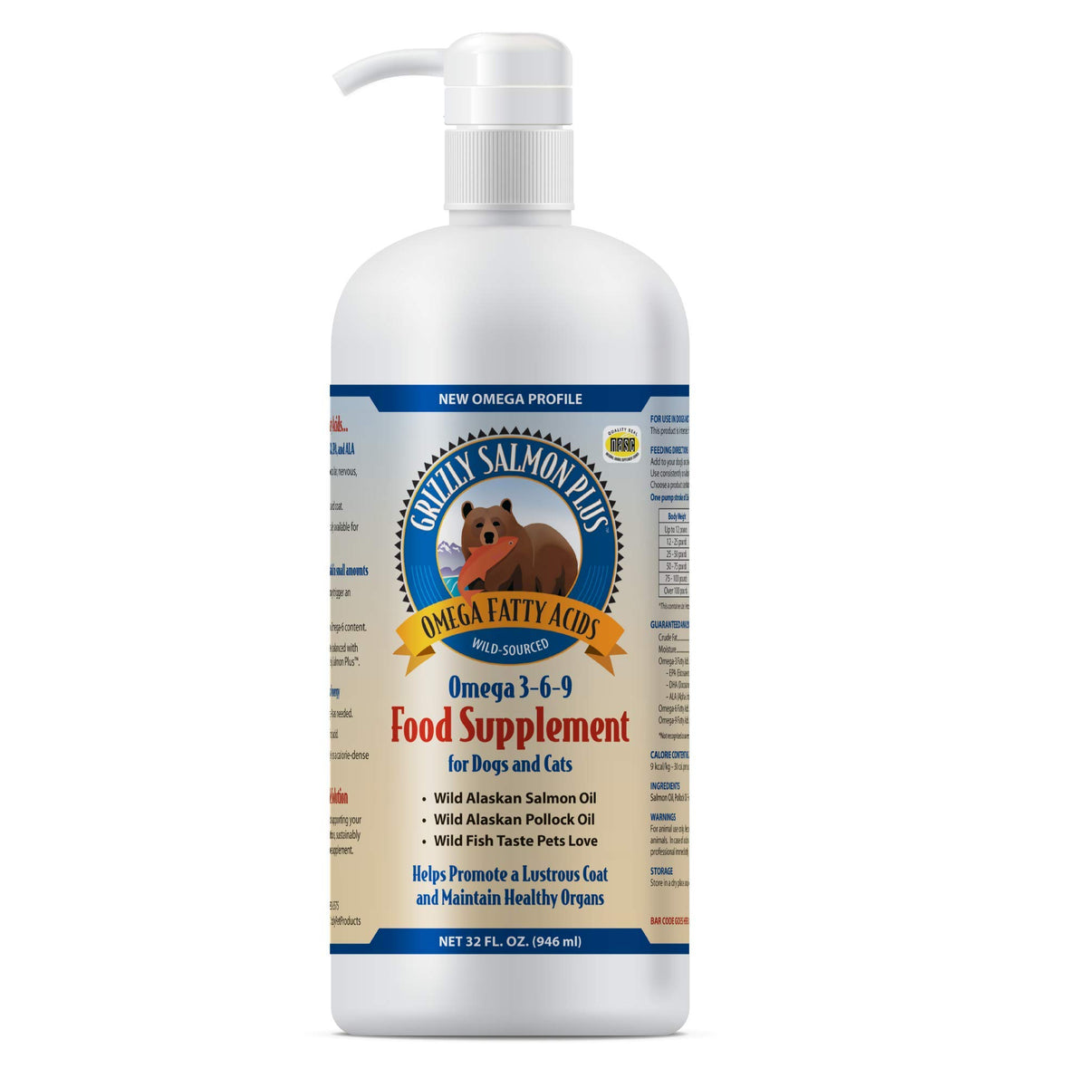 Grizzly Pet Salmon Plus Omega 3-6-9 bottle ready for daily pet coat care