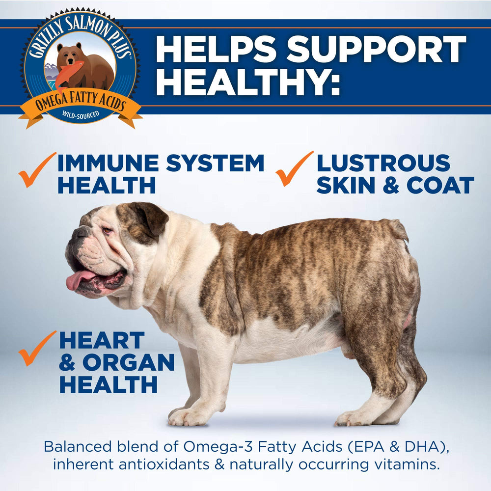 Grizzly Salmon Plus bottle emphasizes skin and coat support for dogs and cats