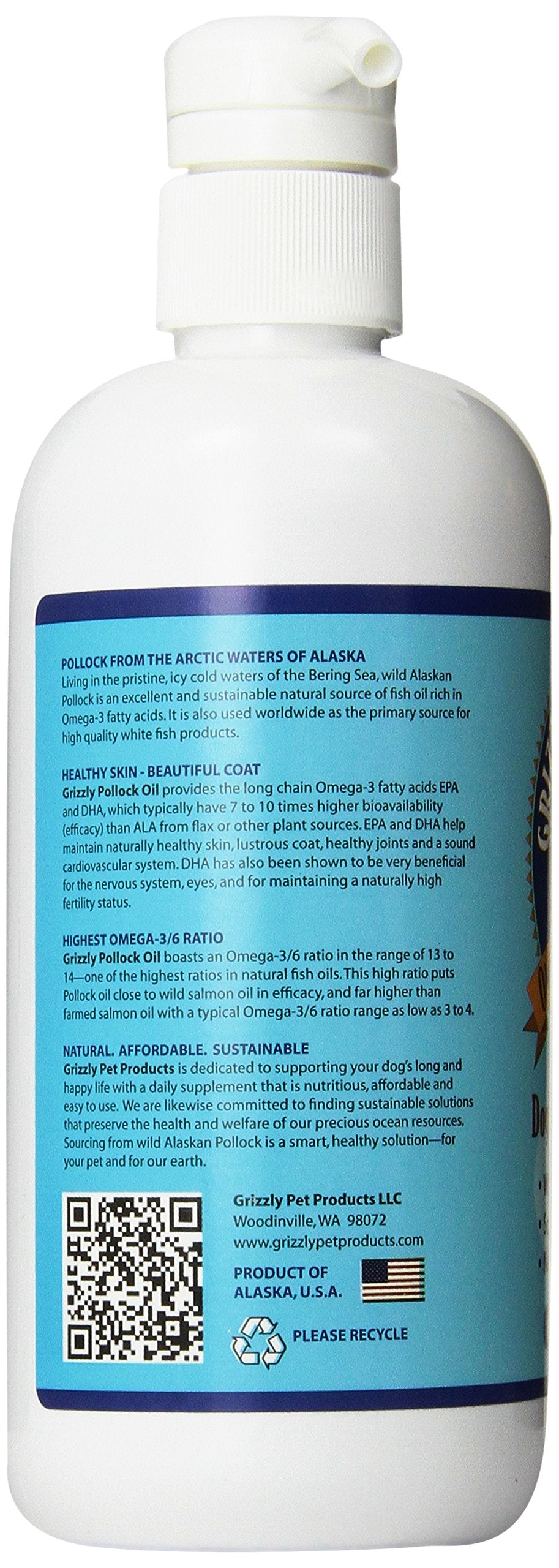 GRIZZLY Pollock Oil bottle closeup highlights sustainable sourcing and EPA/DHA richness.