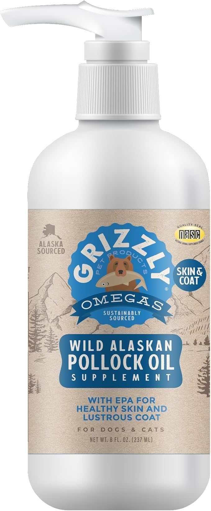 Grizzly Pollock Oil bottle being pumped over dog food for easy dosing