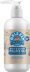 Grizzly Pollock Oil bottle; supports healthy skin and coat in dogs and cats.