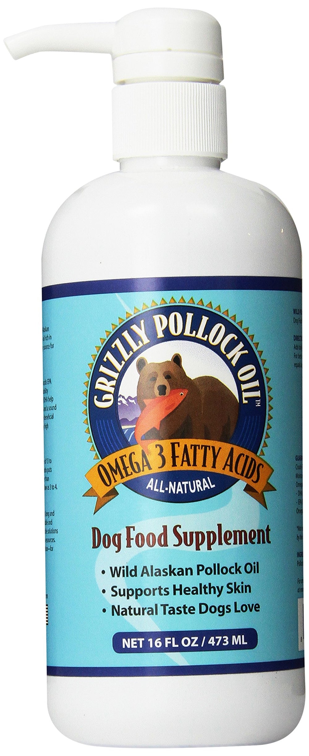GRIZZLY Pollock Oil dog supplement pump-over-food for easy dosing and coat support.