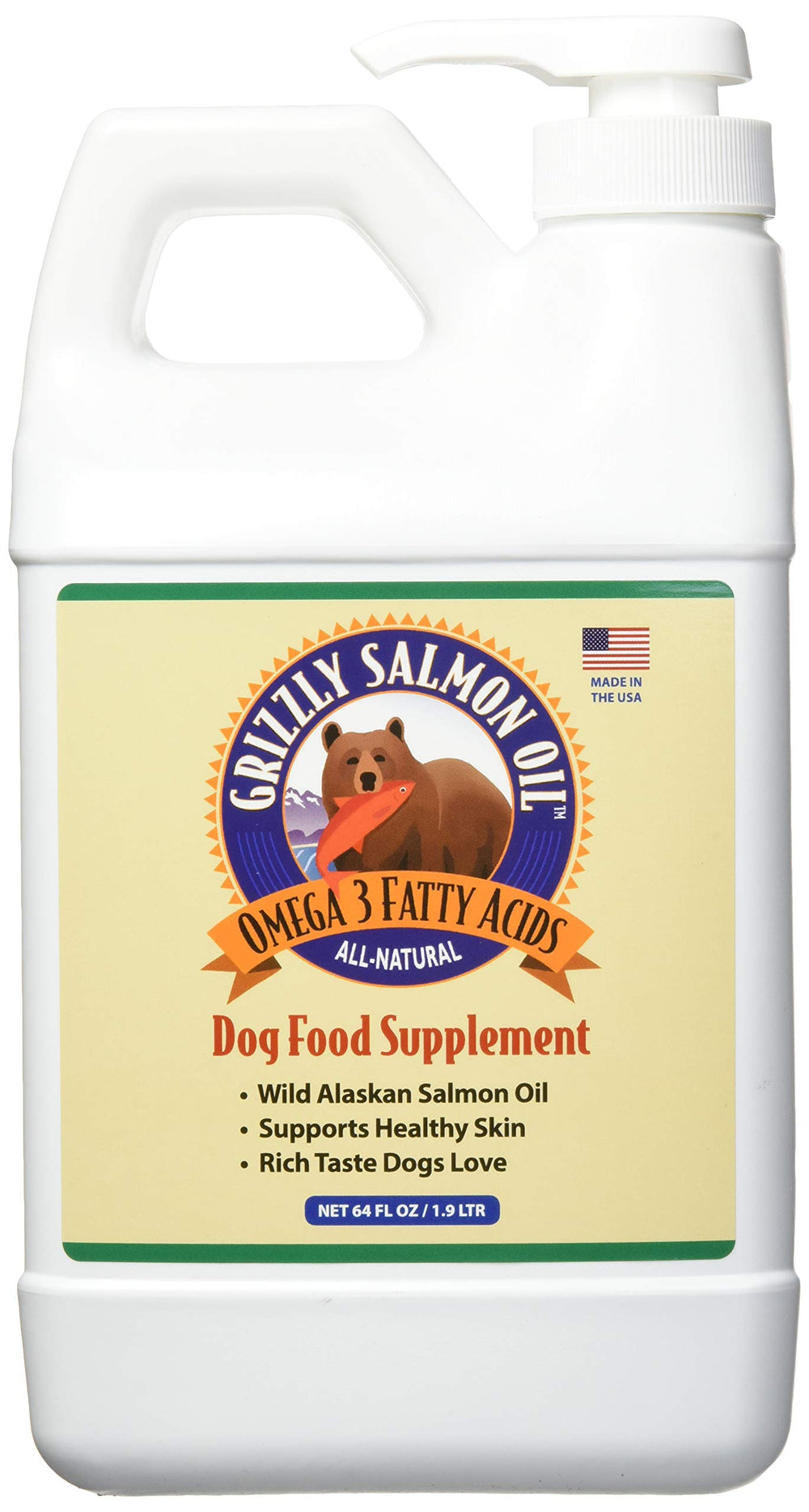 Grizzly Salmon Plus bottle with pump for precise serving.