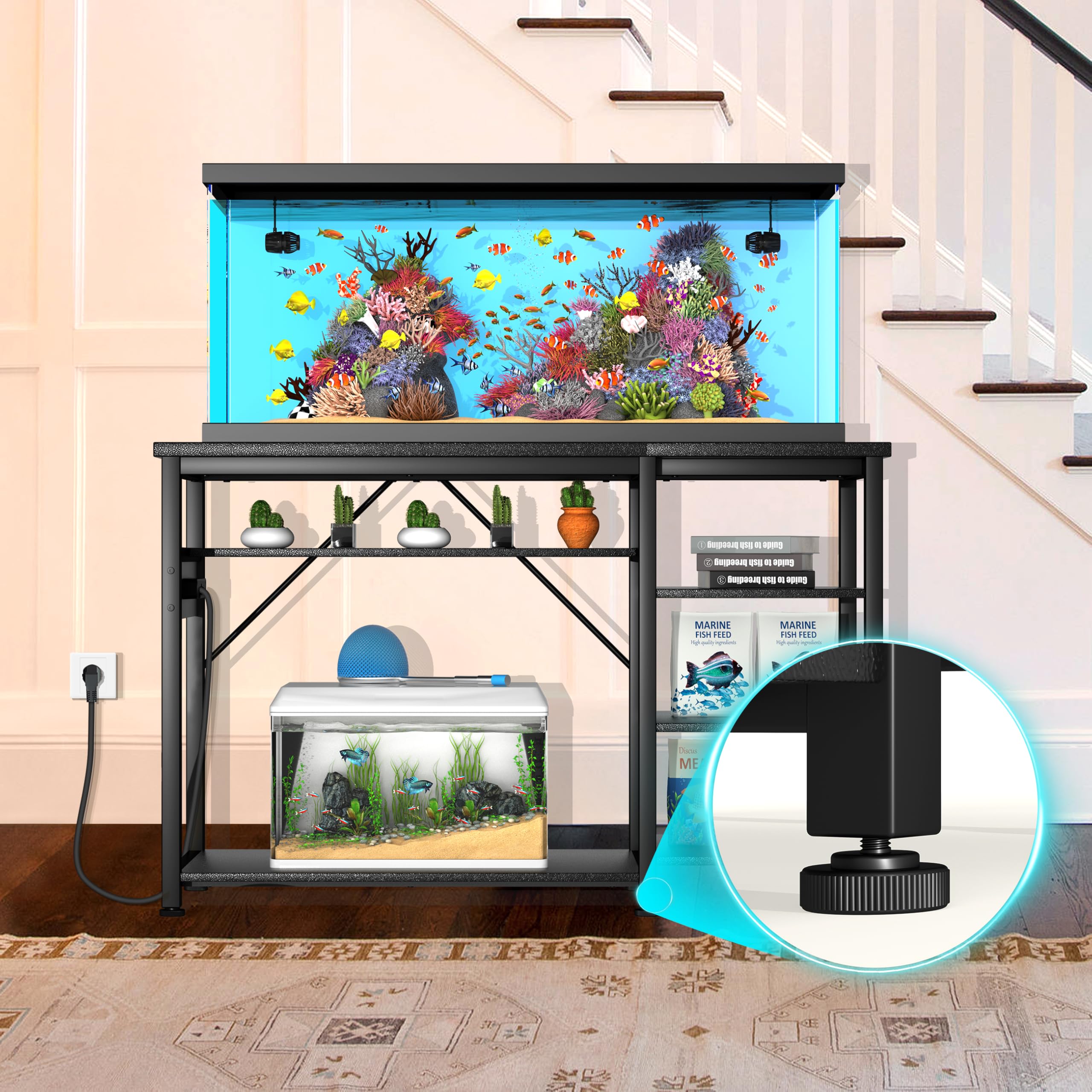 GRLEAF aquarium stand assembly guide showing safe setup with multiple people