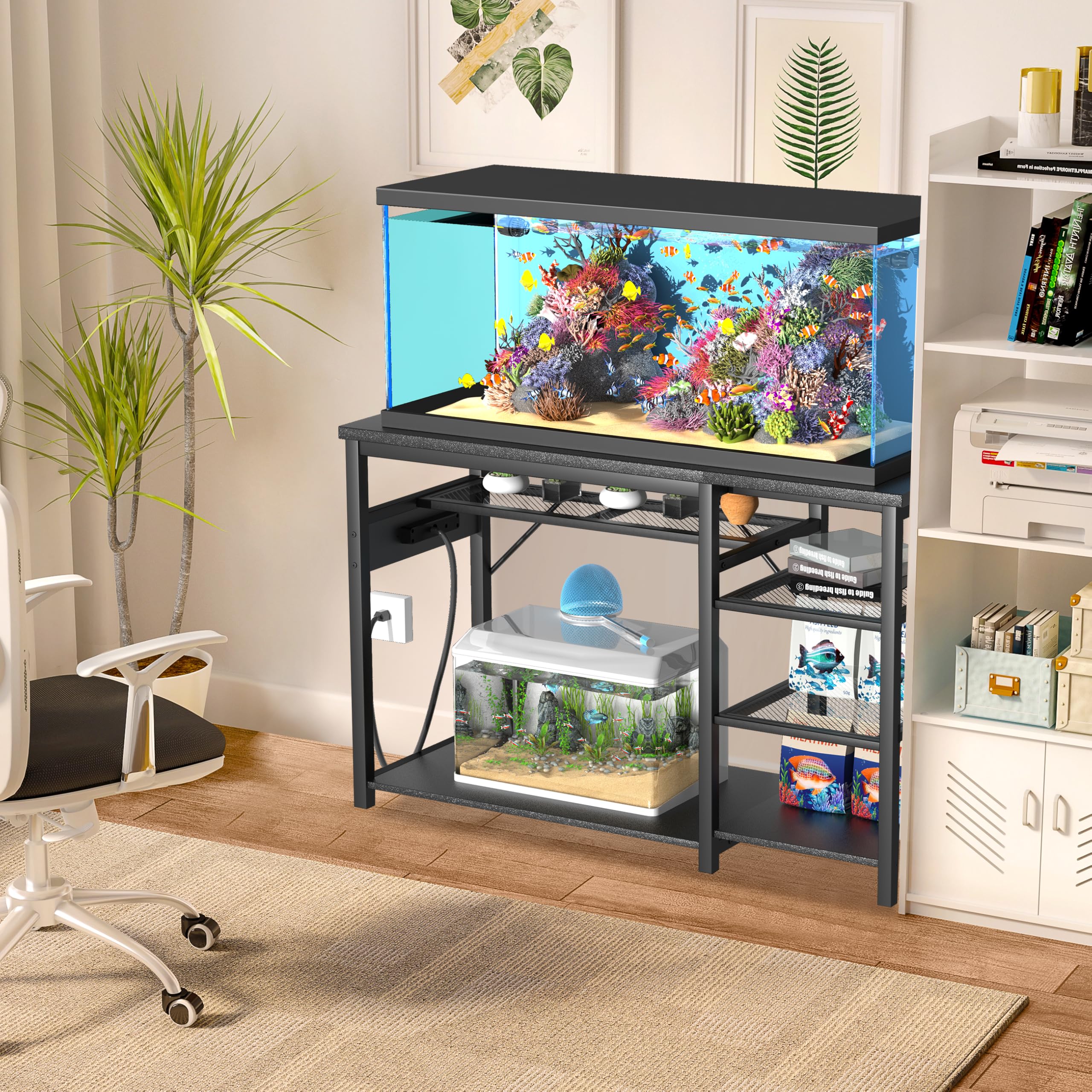 GRLEAF aquarium stand left dual-tier storage holds extra tanks or CO2 systems.