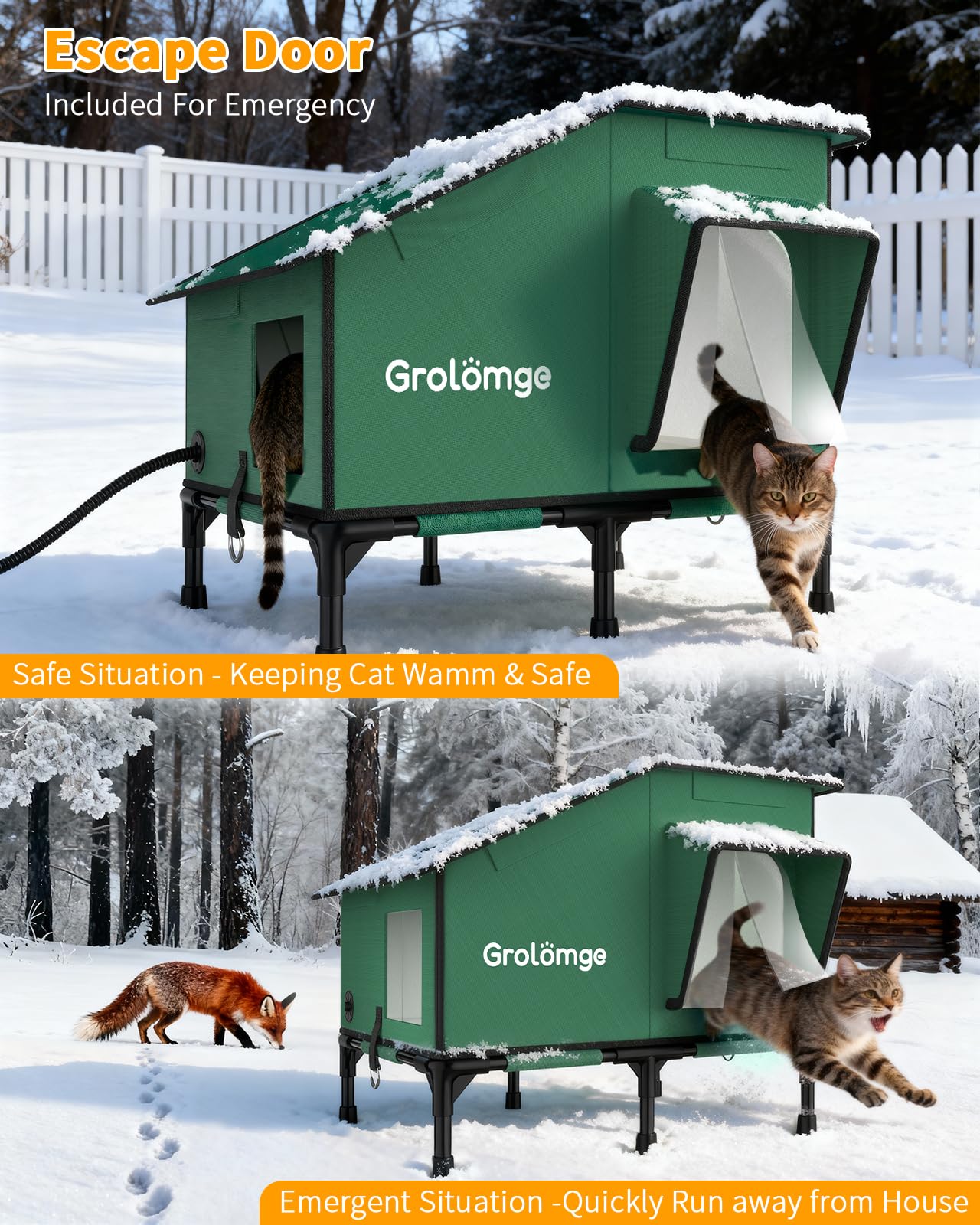 Grolomge large outdoor cat house dual doors support quick escape and safety