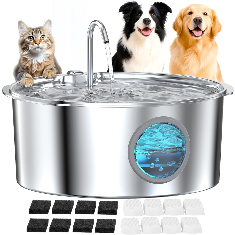 GROOKPET large dog fountain in stainless steel for quiet hydration in multi-pet homes.