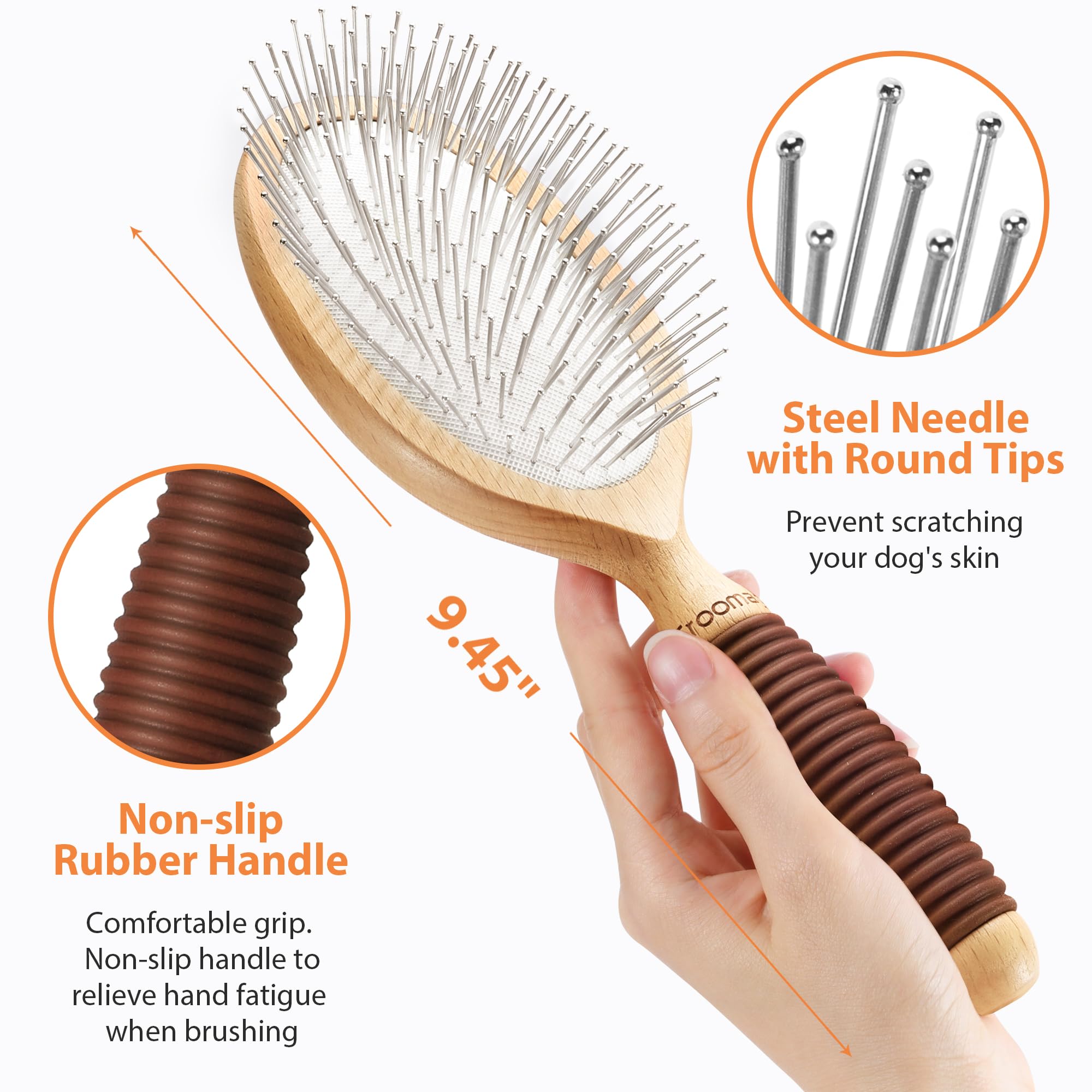 GROOMAGE round-tipped pins ensure gentle brushing and skin safety.