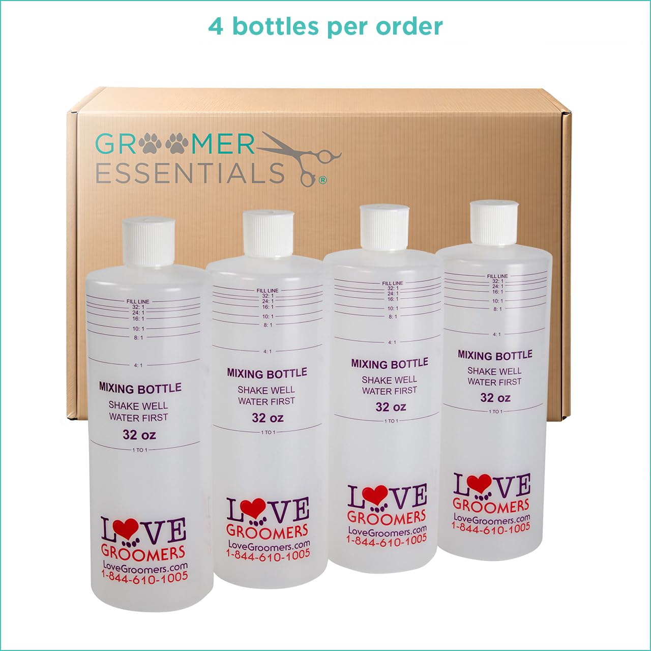 GROOMER ESSENTIALS 32oz dilution bottles show measurement lines for precise mixing