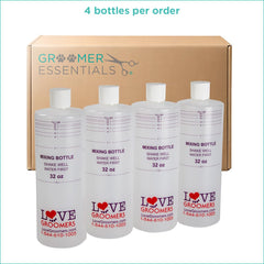 GROOMER ESSENTIALS 32oz dilution bottles show measurement lines for precise mixing