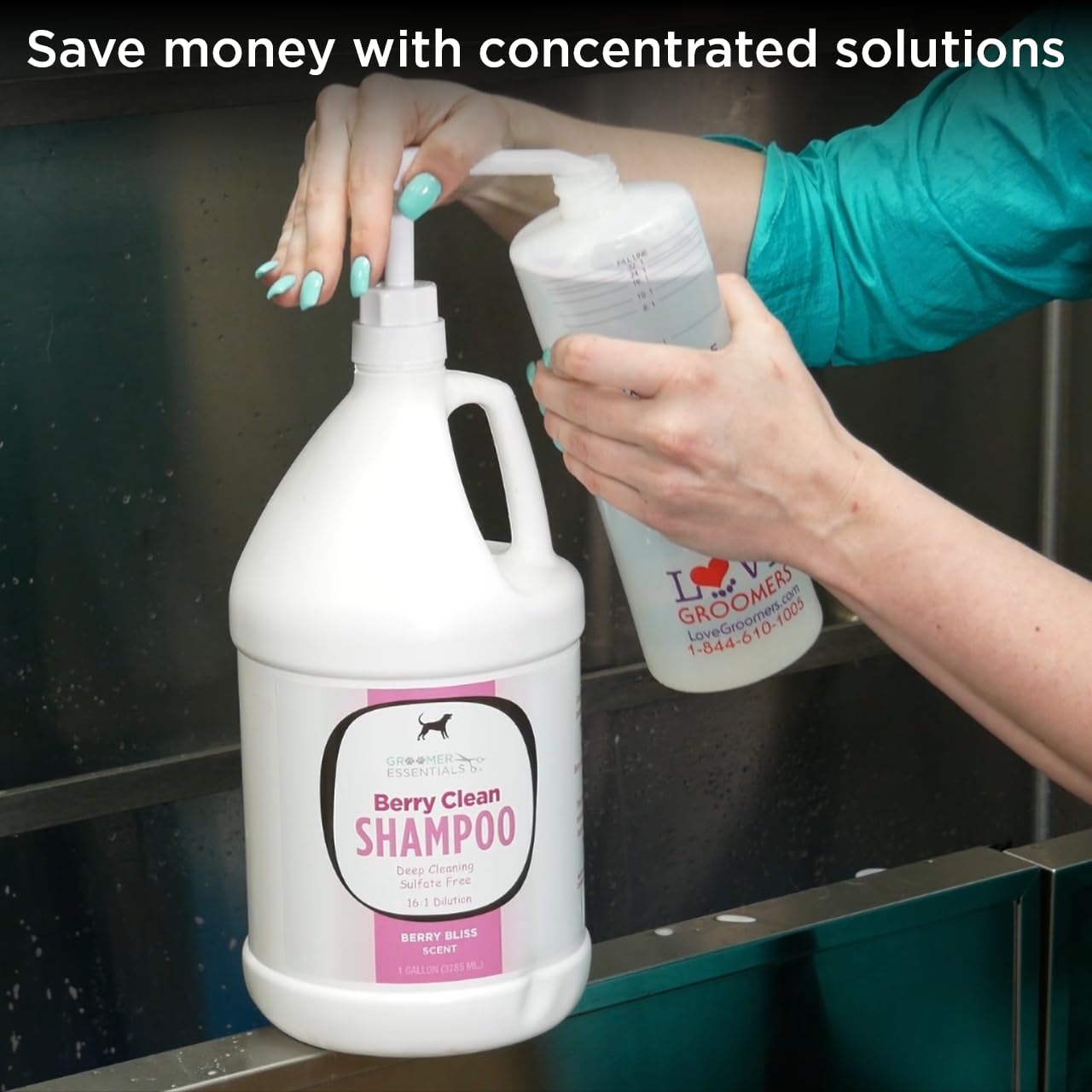 GROOMER ESSENTIALS dilution bottles with a pour spout for controlled dispensing