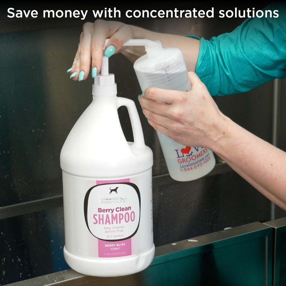 GROOMER ESSENTIALS dilution bottles with a pour spout for controlled dispensing