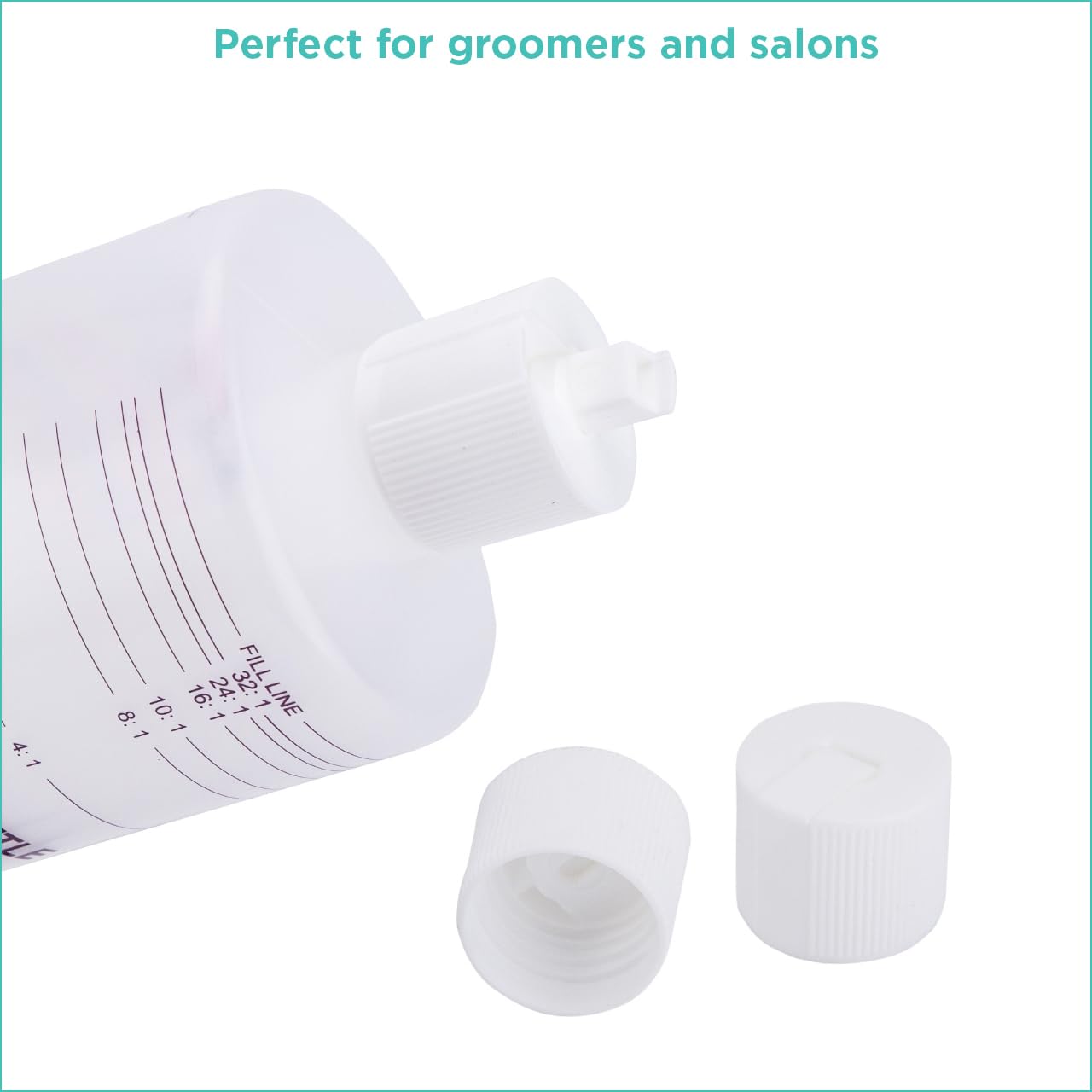 GROOMER ESSENTIALS dilution bottles with ratio markings for easy formula accuracy