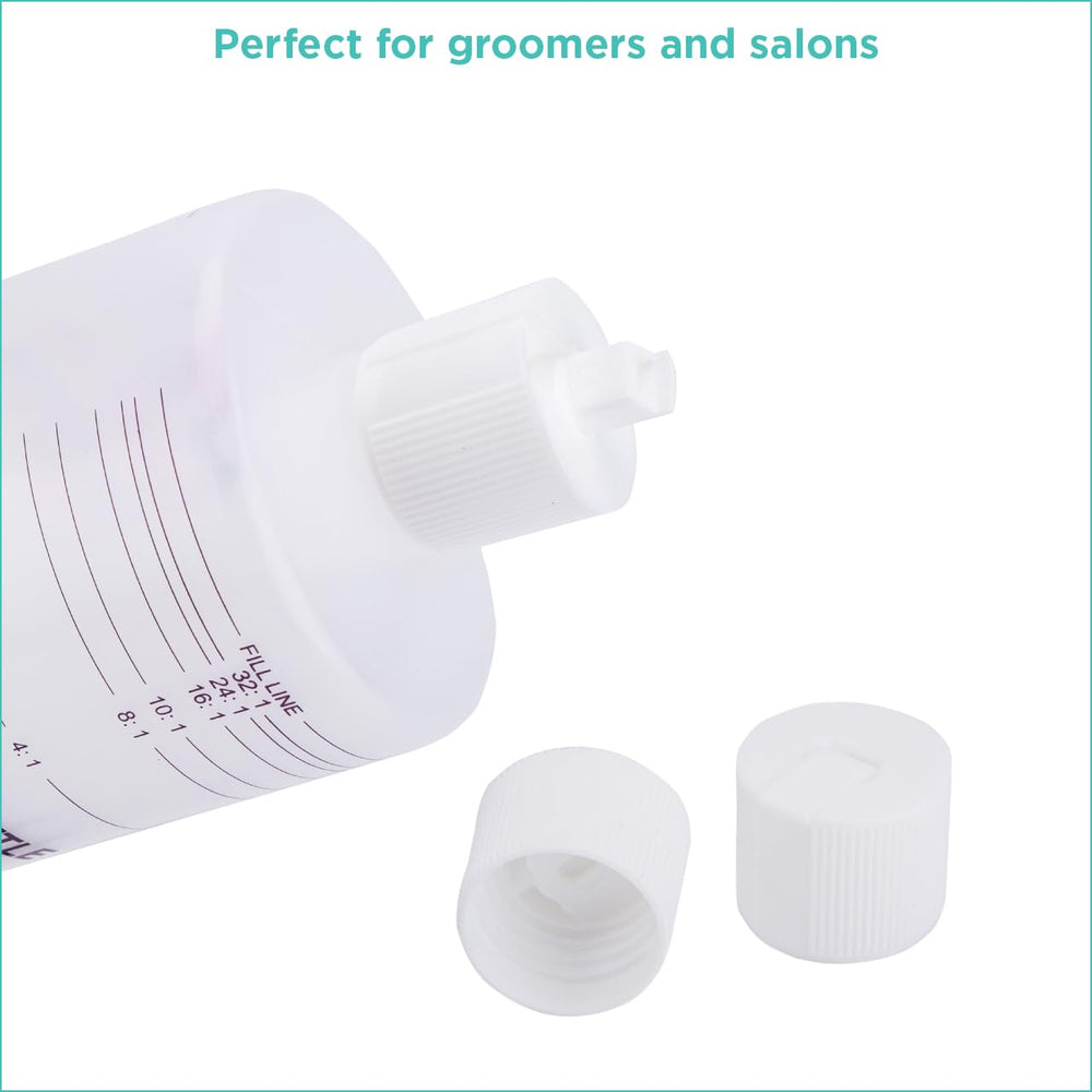GROOMER ESSENTIALS dilution bottles with ratio markings for easy formula accuracy