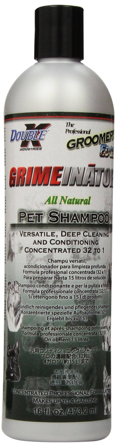 Groomers Edge Grimeinator bottle pours for easy dilution and deep cleaning.