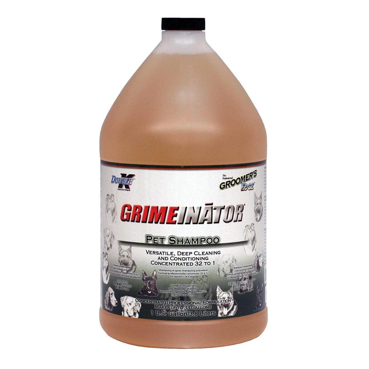 Groomer's Edge Grimeinator bottle pour showing concentrated formula for effective deep cleaning of dirty pets