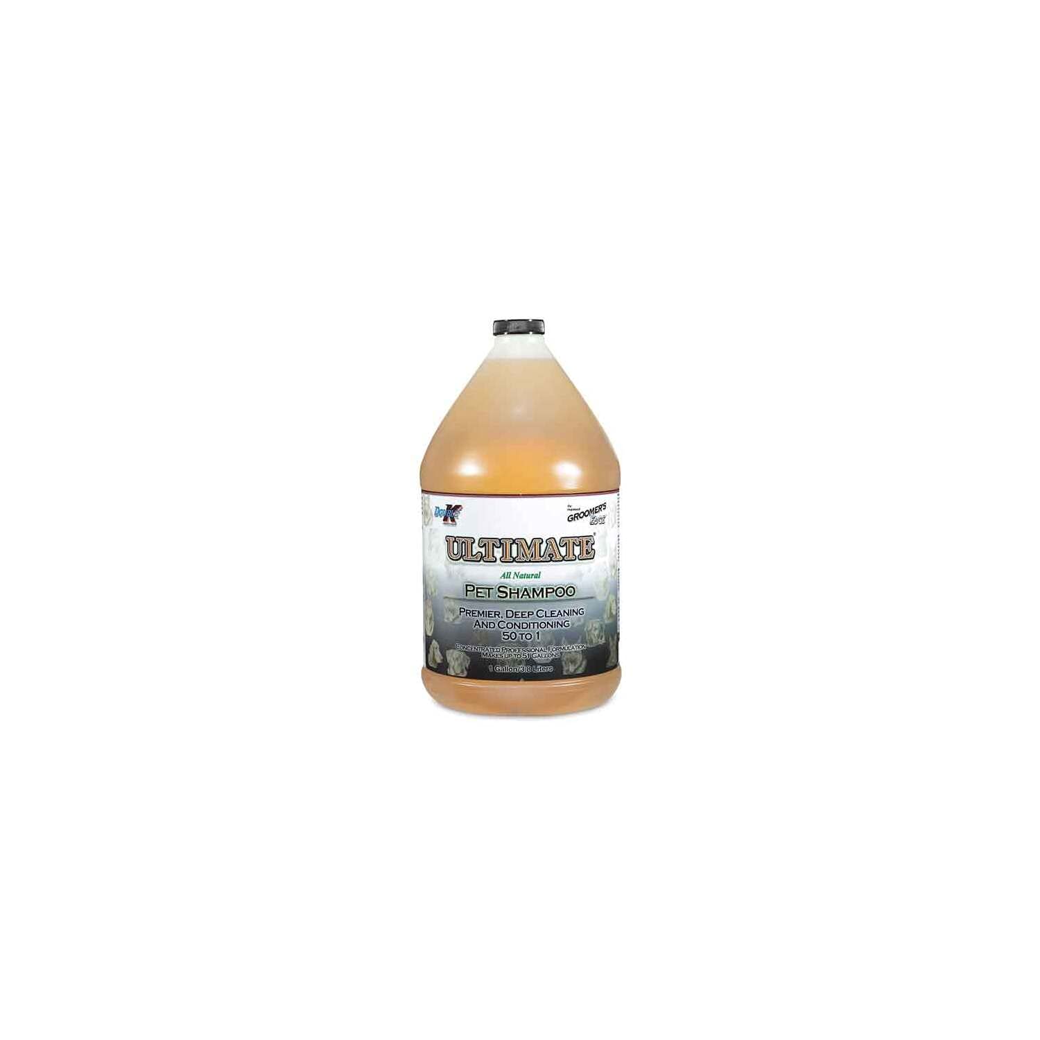 Groomer's Edge Ultimate Shampoo bottle shows concentrated formula for easy dilution and versatile coat care.