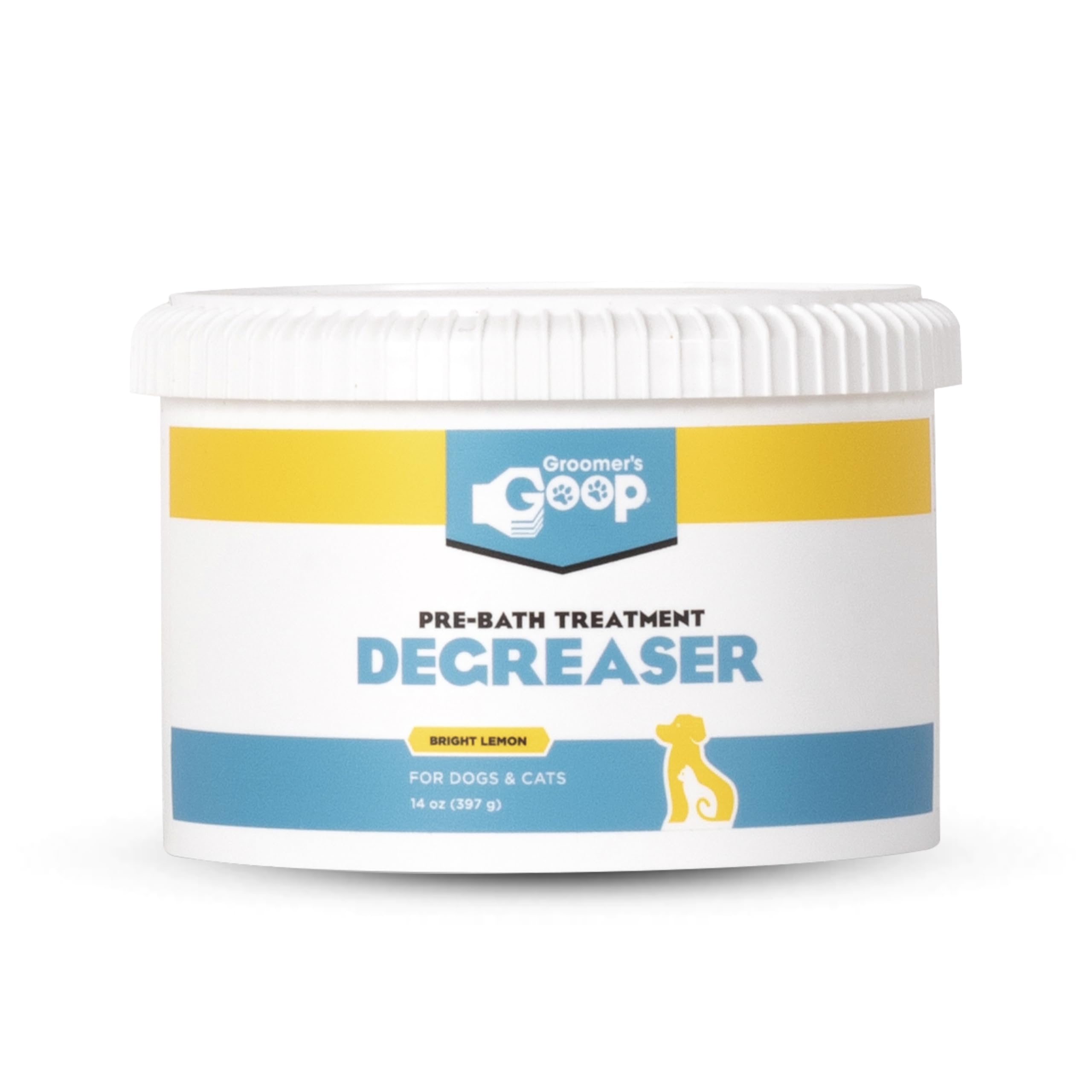 Groomer's GOOP pre-bath degreaser bottle shows professional-strength formula for oily coats.