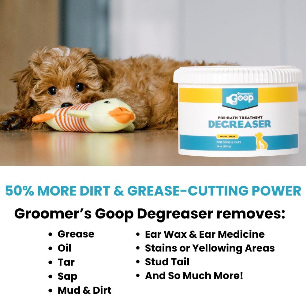 Groomer's GOOP pre-shampoo step bottle illustrates pre-dissolution of dirt for cleaner results.