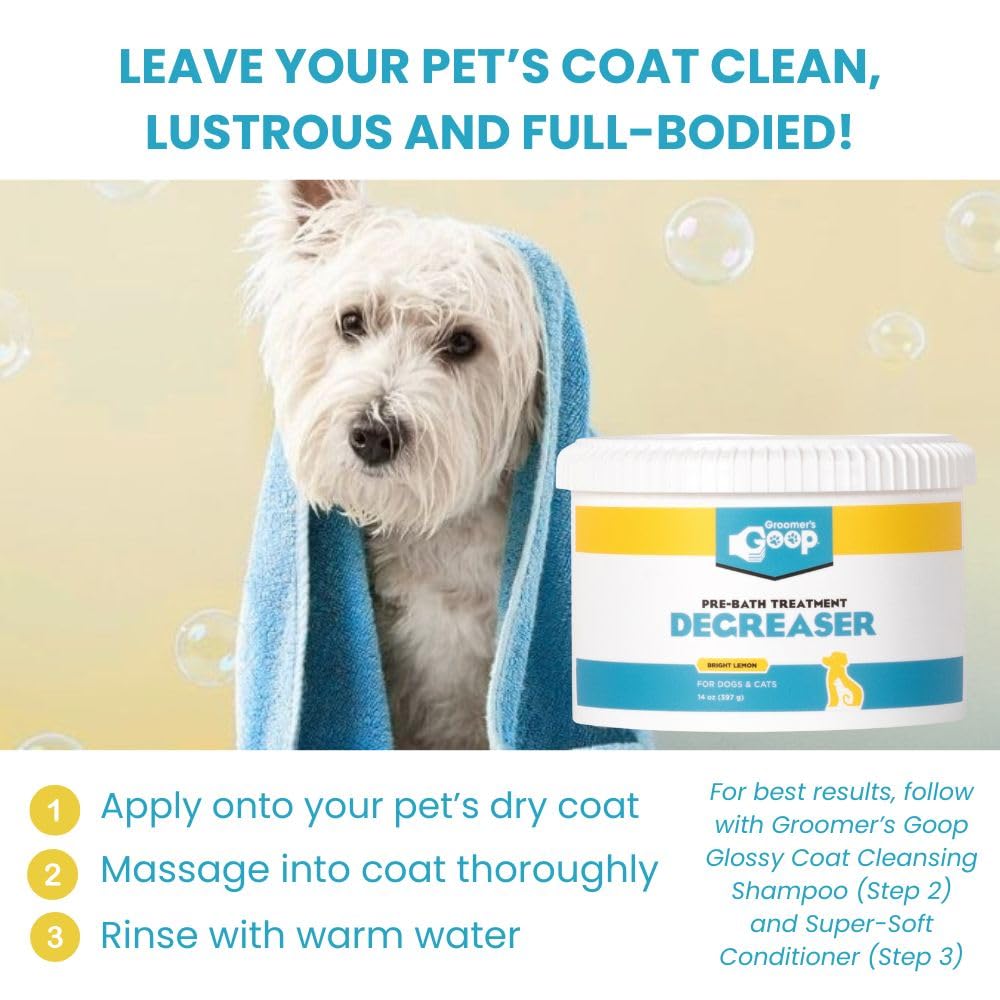 Groomer's GOOP strong-dirt-removal action shot highlights removing tough grease.