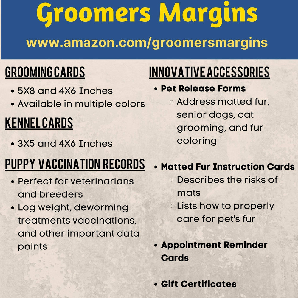 Groomers Margins 5x8 cards lay flat for easy writing at the grooming table.
