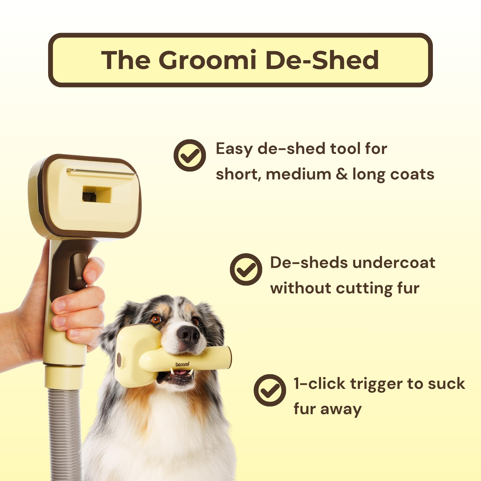The Groomi universal attachment system image shows broad compatibility with most vacuums.