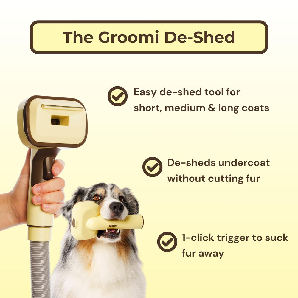 The Groomi universal attachment system image shows broad compatibility with most vacuums.