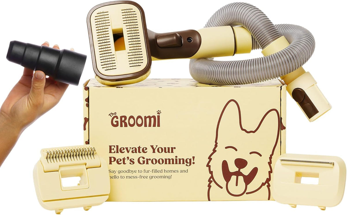 The Groomi vacuum pet brush kit front view shows all-in-one grooming for dogs and cats, aiding fur management.