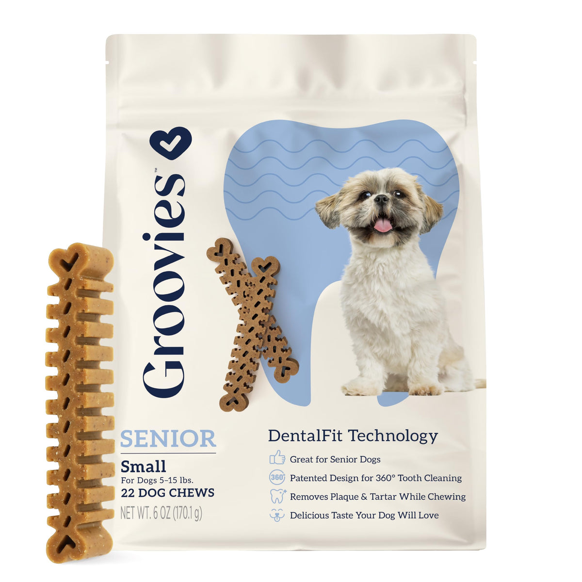 Groovies dental chew soft-texture demonstrates gentle support for delicate teeth.