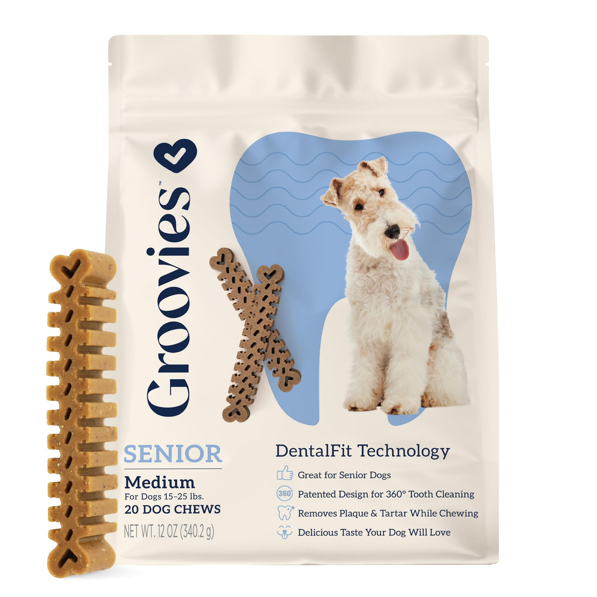 Groovies dental chew soft bite close-up demonstrates gentle texture for sensitive teeth and gums.