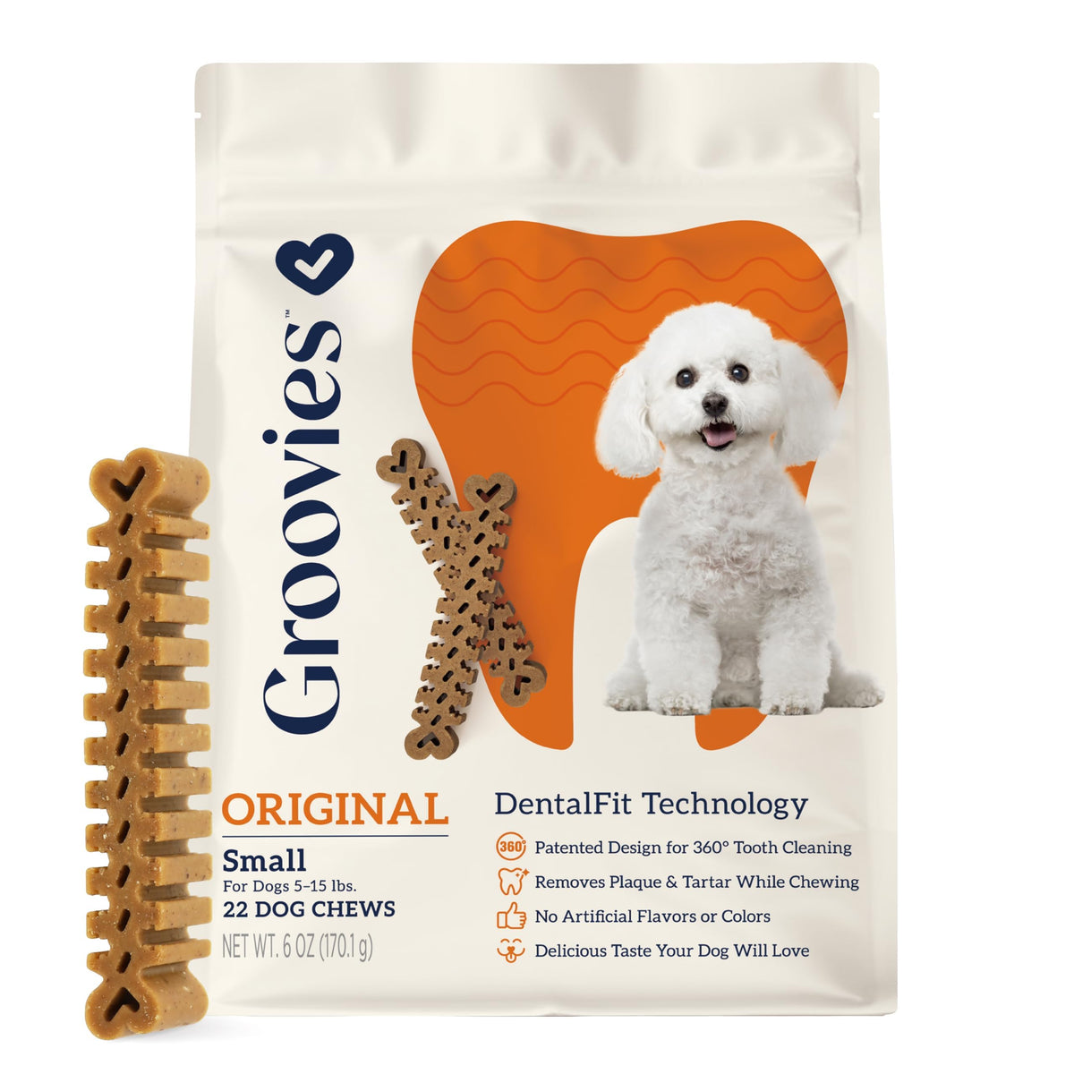 Groovies DentalFit grooves close-up demonstrates deep cleaning contact for teeth.