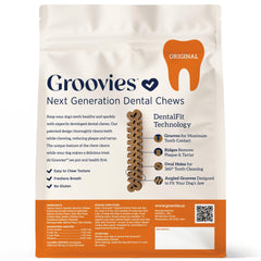 Groovies flexible texture chew shows satisfying chew for dogs.