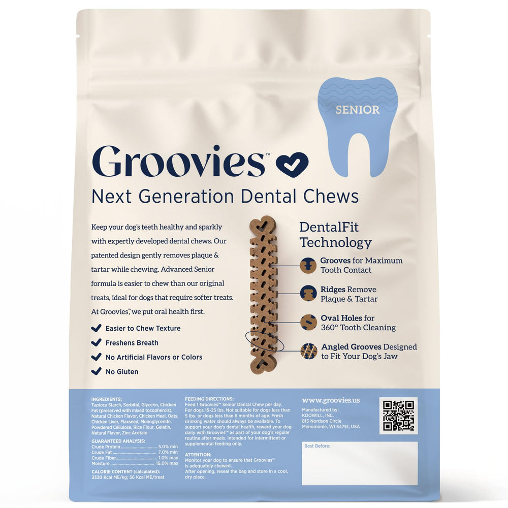 Groovies senior dog chew close-up highlights easy-to-chew design for aging pets.